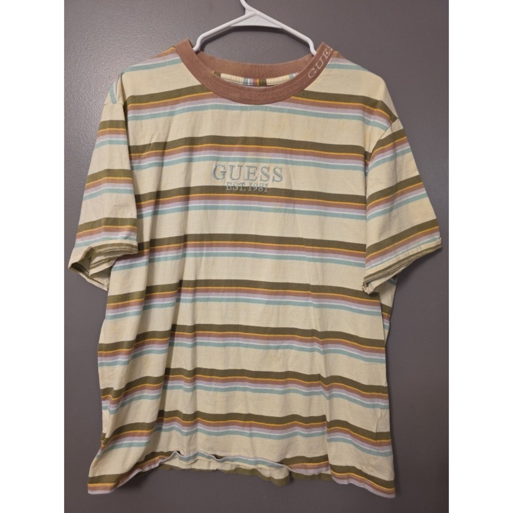 Guess Originals Striped T-Shirt Mens Large Multi-Color Pastel Embroidered Logo